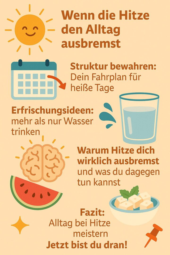 Illustration mit Symbolen für Alltag bei Hitze: Sonne für hohe Temperaturen, Kalender für Struktur, Wasserglas für Erfrischung, Gehirn für Konzentration, Wassermelone-Feta-Salat für Sommerrezept. Modernes, flaches Design als Infografik.