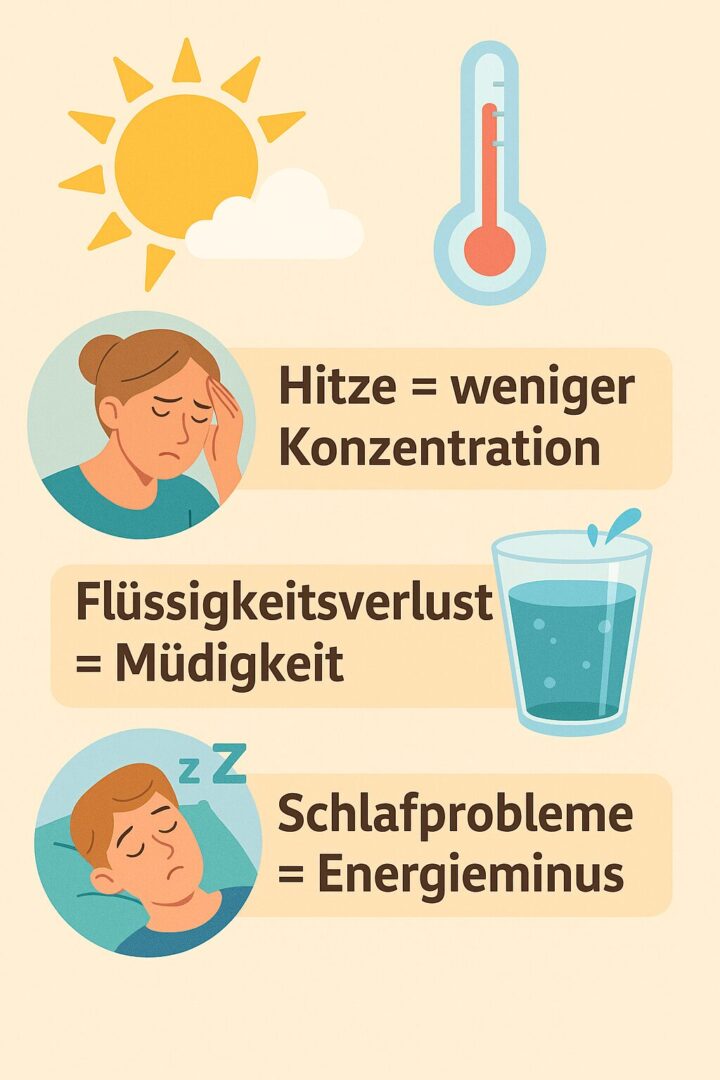 Schlagwortfelder mit Symbolen erklären die Folgen von Hitze – weniger Konzentration, Müdigkeit durch Flüssigkeitsverlust und Energieminus durch Schlafprobleme. Illustriert mit freundlichen Icons wie Gehirn, Wasserflasche und Mond mit Sternen. Klare, freundliche Gestaltung in sommerlichen Farben.