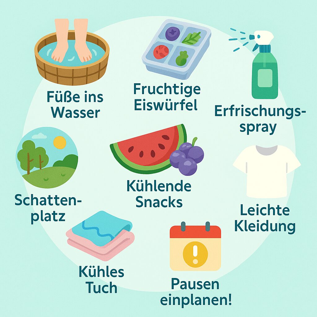 Bunte Infografik mit 7 Erfrischungsideen für heiße Tage: Füße ins Wasser, fruchtige Eiswürfel, Erfrischungsspray, Schattenplatz, kühlende Snacks (Wassermelone, Trauben), leichte Kleidung, kühles Tuch und Pausen einplanen. Die Icons sind freundlich, klar und sommerlich gestaltet.