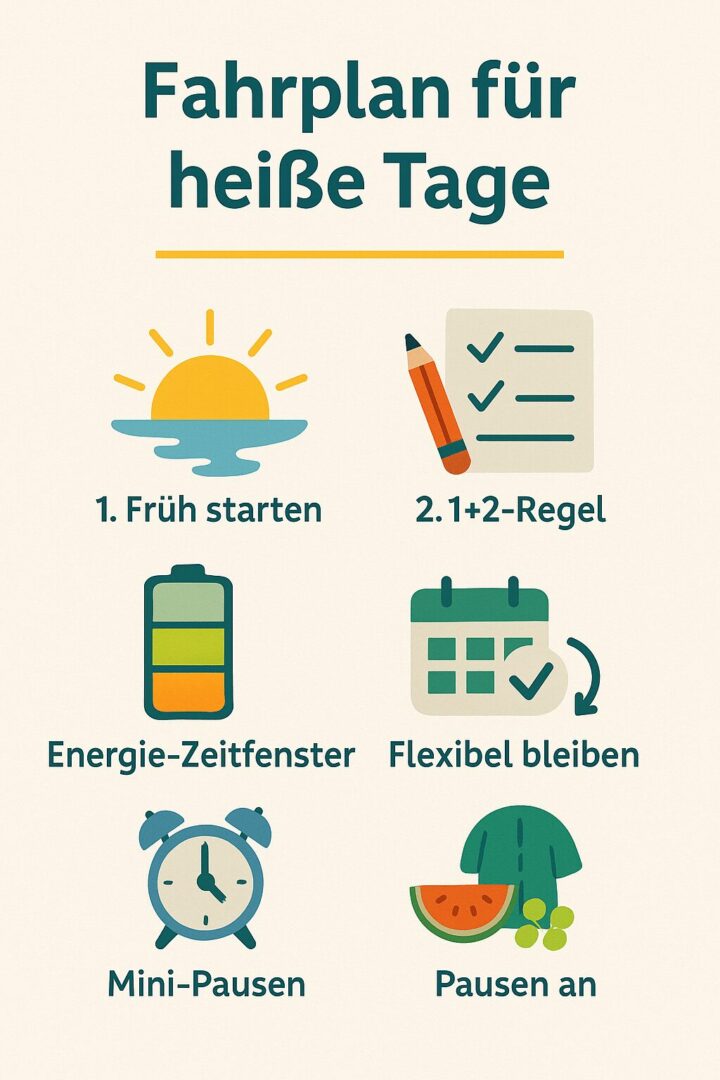 Infografik ‚Fahrplan für heiße Tage‘ mit fünf Tipps: früher starten, 1+2-Regel, Energie-Zeitfenster, Mini-Pausen, flexibel bleiben. Sommerliche Symbole und freundliche Farben.
