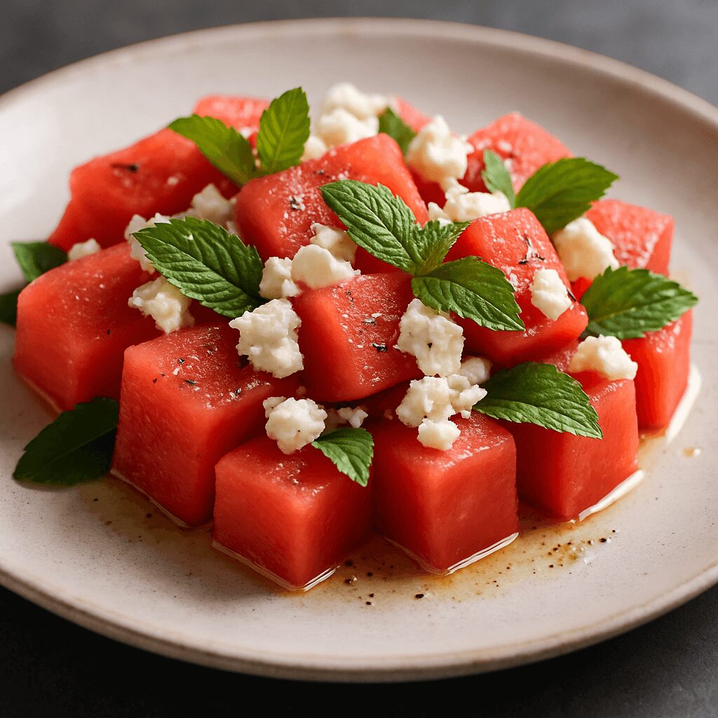 Ein elegant angerichteter Wassermelonen-Feta-Minz-Salat auf einem weißen Teller: rote Würfel der saftigen Melone, zerbröckelter weißer Feta und grüne Minzblätter, garniert mit einem Spritzer Dressing – sommerlich frisch und farbenfroh serviert.