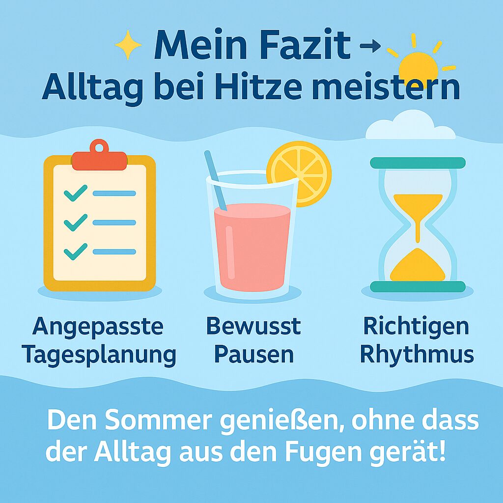 Infografik mit hellblauem Hintergrund und sommerlichem Design. In der Mitte steht die Überschrift Fazit: Alltag bei Hitze meistern. Darunter kurze Tipps in Stichpunkten: Kleine Schritte statt Perfektion, To-dos clever abhaken, Pausen bewusst einplanen. Ergänzt durch sommerliche Icons wie Kalender, Häkchen und Sonnensymbol