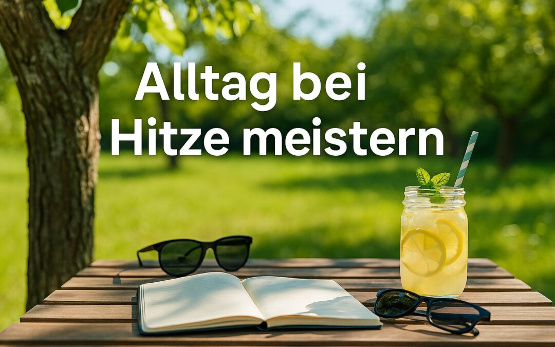 Ein schattiger Platz im Garten mit Sonnenbrille, kühlem Getränk und Notizbuch auf einem Holztisch. Im Hintergrund grüne Pflanzen, sommerliches Licht und entspannte Stimmung. Darüber der Text: ‚Alltag bei Hitze meistern