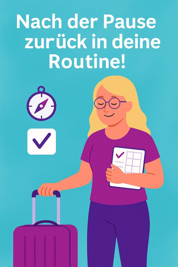 Illustration: Frau stellt nach einer Pause ihren Koffer ab und schaut in den Kalender – Symbol für Neustart in alte Gewohnheiten.