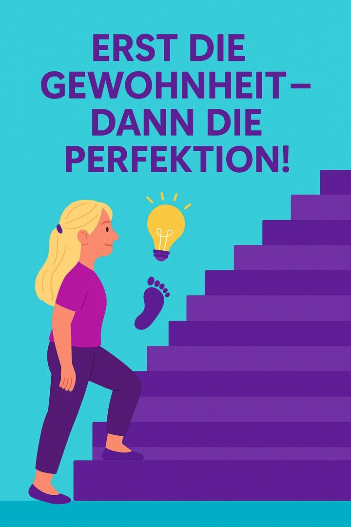 Illustration: Frau geht den ersten Schritt auf einer Treppe – Symbol für kleine Schritte zurück in die Gewohnheiten nach einer Unterbrechung.