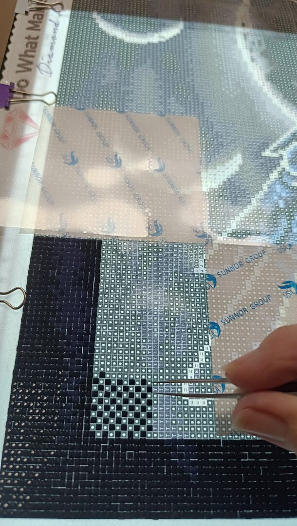 Andrea Oeing beginnt ihr neues Diamond Painting Bild und setzt mit einer Pinzette die ersten funkelnden Steinchen – ein kreativer Moment zum Abschalten und Entspannen.