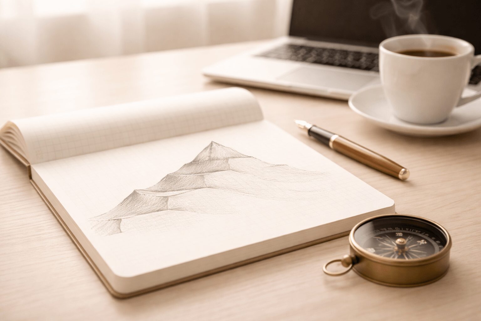 Helles Notizbuch auf einem Schreibtisch mit skizzierter Bergform in vier Etappen als Symbol für machbare Jahresplanung, daneben Stift und Kompass
