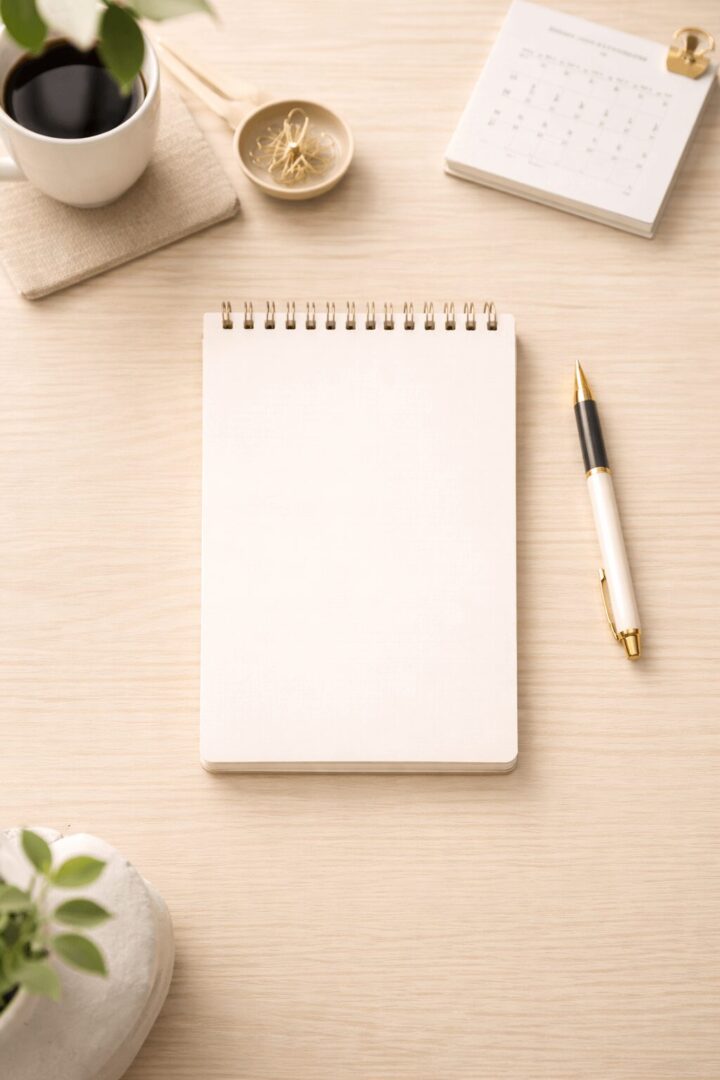 Aufgeräumter Schreibtisch in Draufsicht mit einem einzelnen leeren Notizblock, daneben Stift, Kalenderblatt und Tasse Kaffee in hellen Beige- und Cremetönen