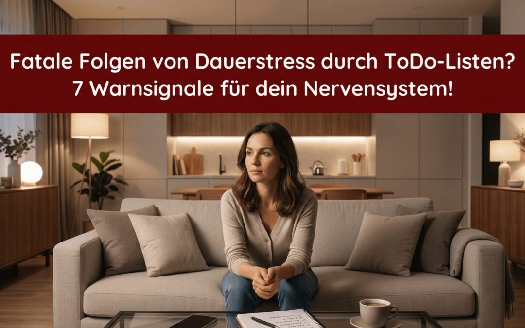 Frau sitzt abends auf einem Sofa in einem modernen Wohnzimmer und wirkt gedanklich angespannt. Auf dem Tisch liegen Smartphone und ToDo-Liste, während sie nicht abschalten kann. Im oberen Bildbereich steht: „Fatale Folgen von Dauerstress durch ToDo-Listen? 7 Warnsignale für dein Nervensystem!"