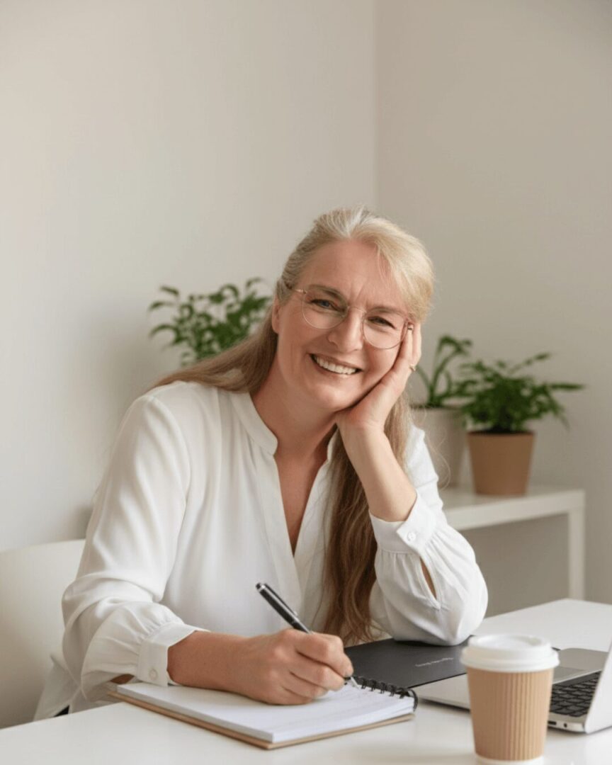 Frau sitzt am Tisch und blickt in ein Planungsbuch mit den Spalten Monat, Woche und Fokus – ruhige Szene für realistische Alltagsplanung