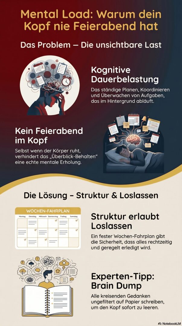 Frau sitzt am Tisch und blickt in ein Planungsbuch mit den Spalten Monat, Woche und Fokus – ruhige Szene für realistische Alltagsplanung
