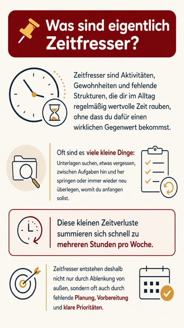 Frau sitzt am Tisch und blickt in ein Planungsbuch mit den Spalten Monat, Woche und Fokus – ruhige Szene für realistische Alltagsplanung
