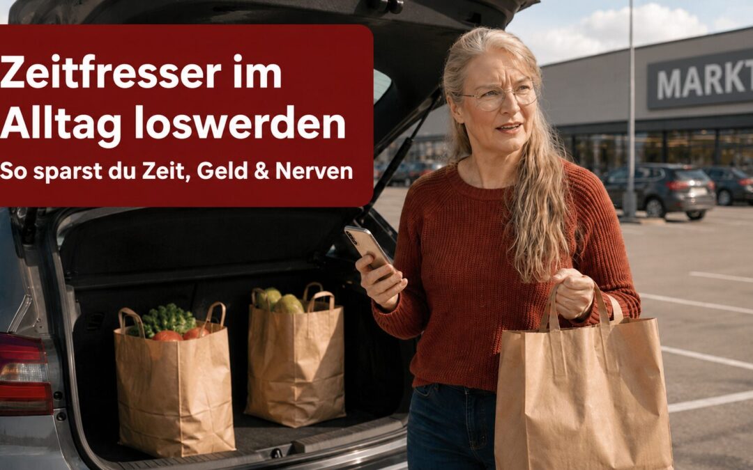 Zeitfresser im Alltag loswerden: Berufstätige Frau organisiert ihren Einkauf und spart mit einer besseren Alltagsplanung Zeit, Geld und Nerven.