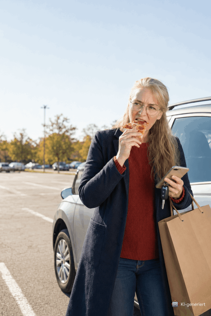 Pizza auf Parkplatz Frau isst gestresst Pizza auf dem Parkplatz