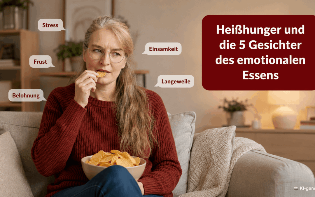 Andrea Oeing sitzt mit einer Schüssel Chips auf der Couch und zeigt die 5 Gesichter des emotionalen Essens: Stress, Frust, Belohnung, Einsamkeit und Langeweile.