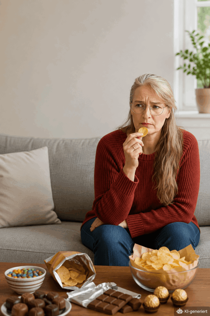 Schuld nach Heißhunger_fressattacke Frau sitzt nachdenklich vor Chips und Süßigkeiten
